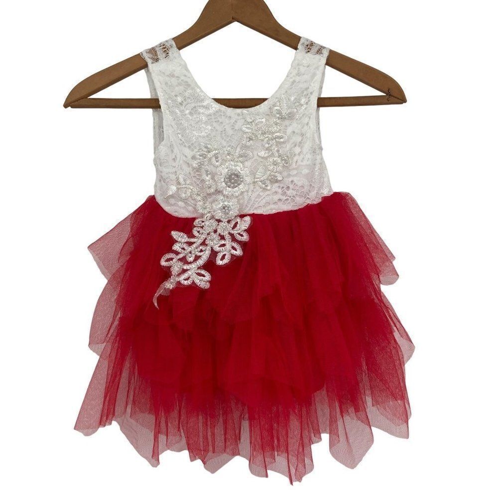 NNJXD Girls Boho‎ Chic Flower Girl Dance Recital Lace Tiered Tutu Dress Red 2T